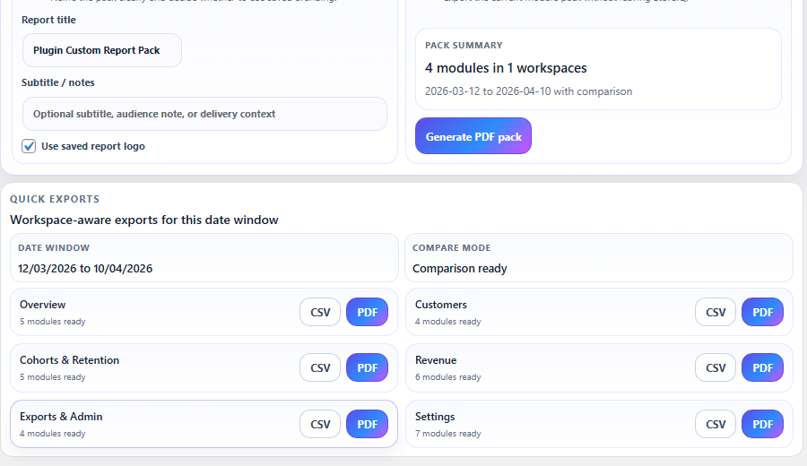 Exports and admin workspace